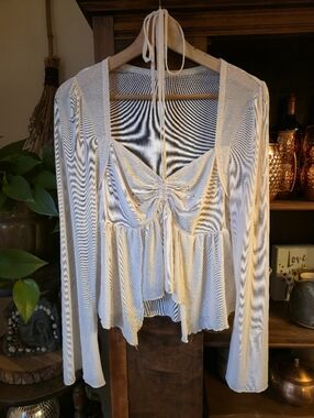 3/$20 Cream Sheer Long Sleeve Witchy Boho Blouse w Ruched Bust Bell Sleeves, XL